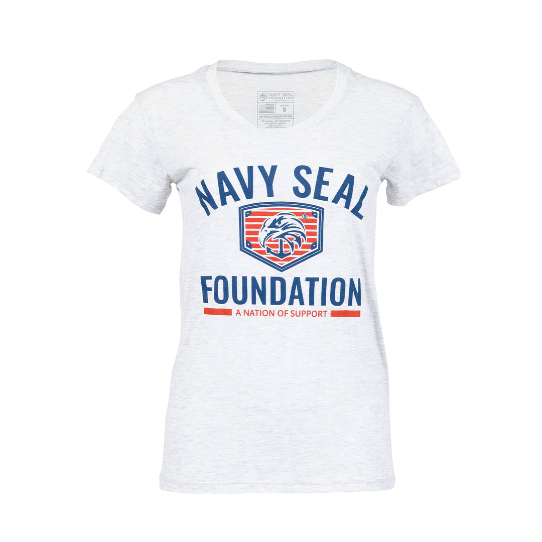 ladies tee with text "NAVY SEAL FOUNDATION A NATION OF SUPPORT"