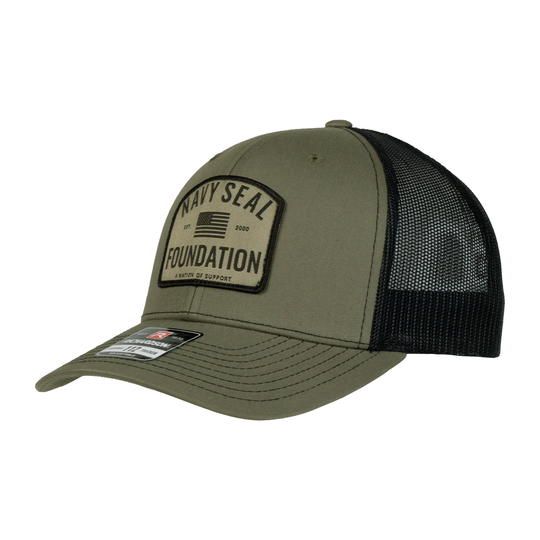 Military green hat with Military green and black patch with text "NAVY SEAL FOUNDATION" and American flag