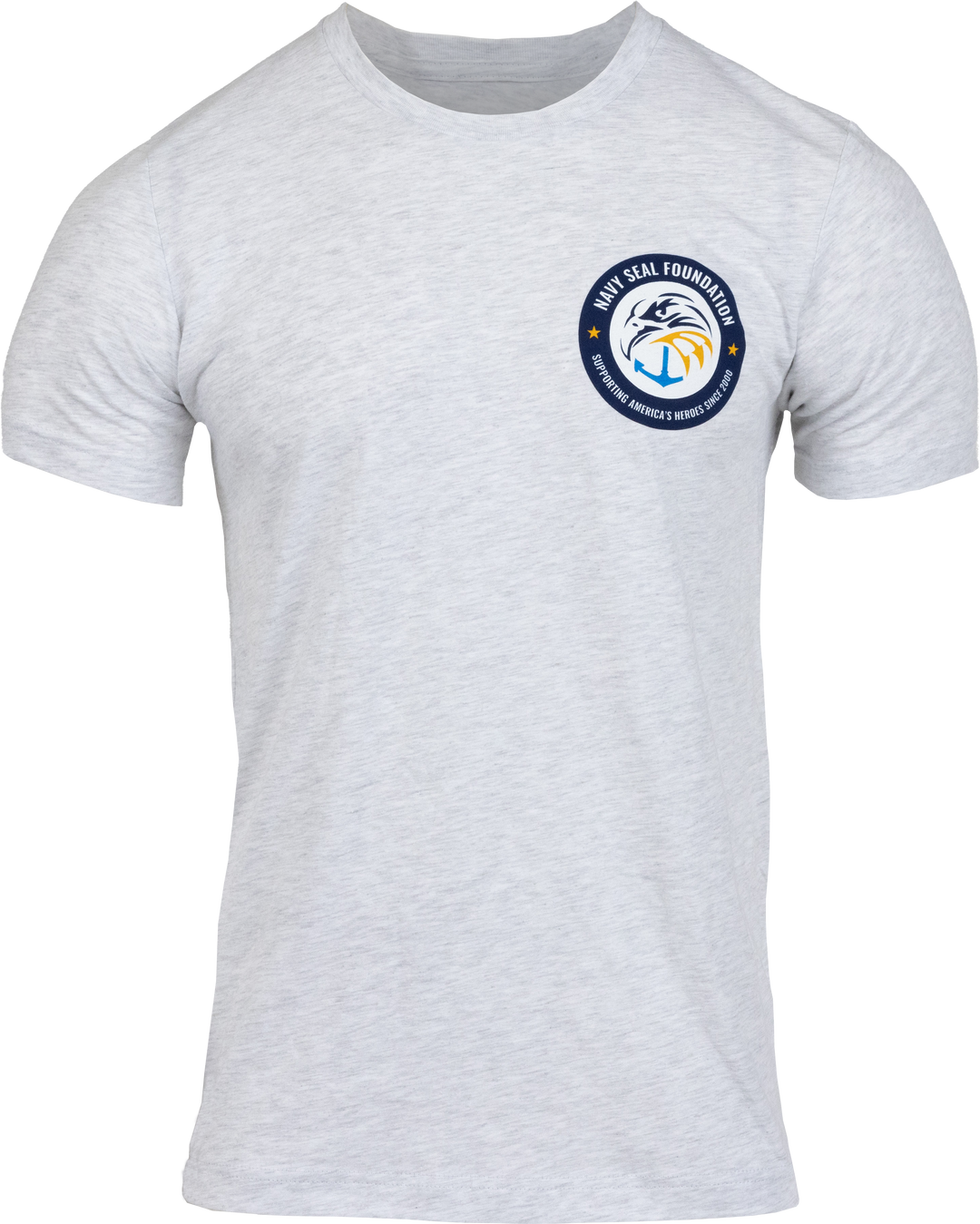 Ash tee with Navy SEAL foundation logo on left chest circled by text "NAVY SEAL FOUNDATION SUPPORTING AMERICA'S HEROES SINCE 2000"