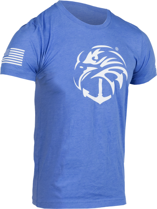 Angled view of Columbia Blue tee with Navy Seal foundation logo in white on front and white American flag on right sleeve