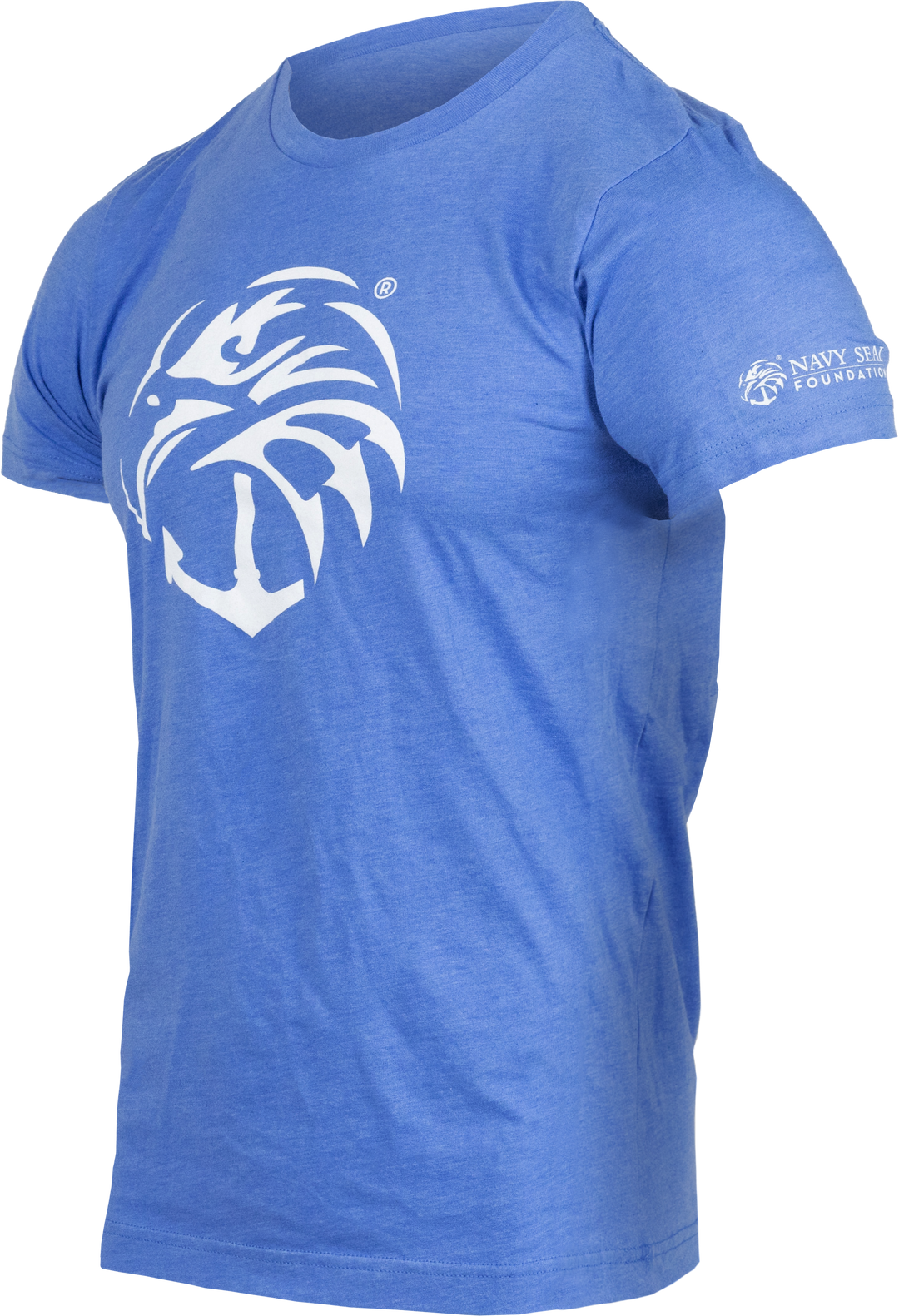 Angled view of Columbia Blue tee with Navy Seal foundation logo in white on front and white "NAVY SEAL FOUNDATION" text and logo on left sleeve