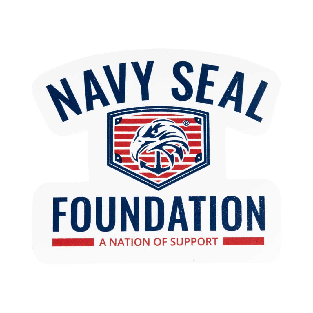 White sticker with navy and red text "NAVY SEAL FOUNDATION A NATION OF SUPPORT" with Navy SEAL Foundation logo in center