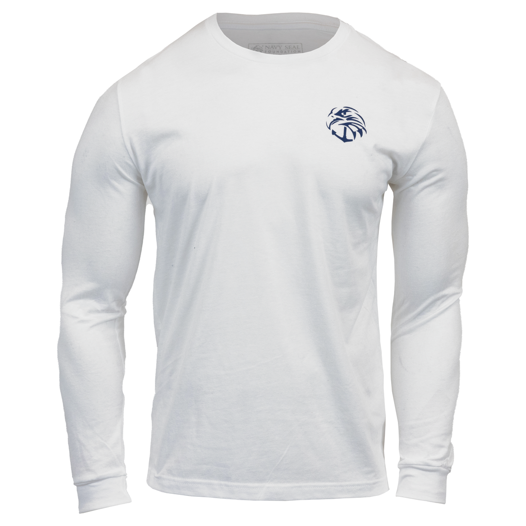 White long sleeve tee with Navy SEAL foundation Logo on left chest