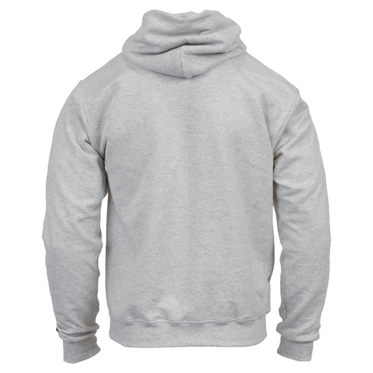 Rear view of oatmeal heather hoodie