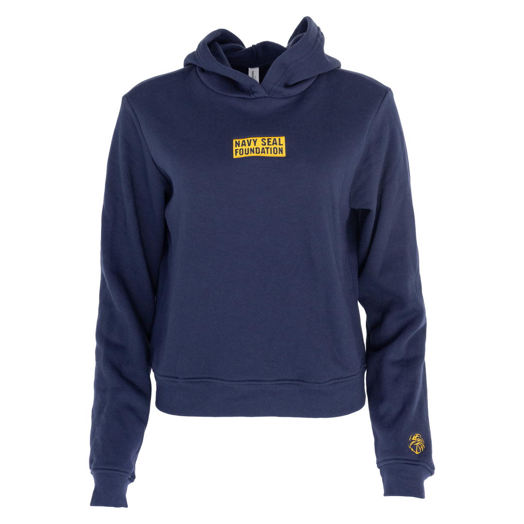 Navy pullover hoodie with yellow NAVY SEAL FOUNDATION box logo on chest and icon logo on left sleeve