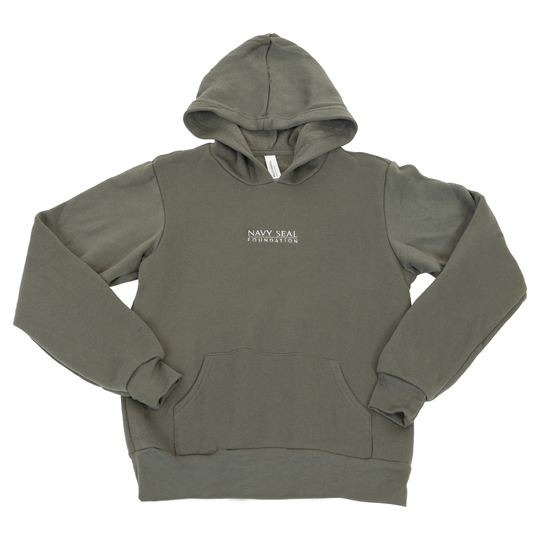 Olive youth wordmark pullover hoodie with "NAVY SEAL FOUNDATION" text on front