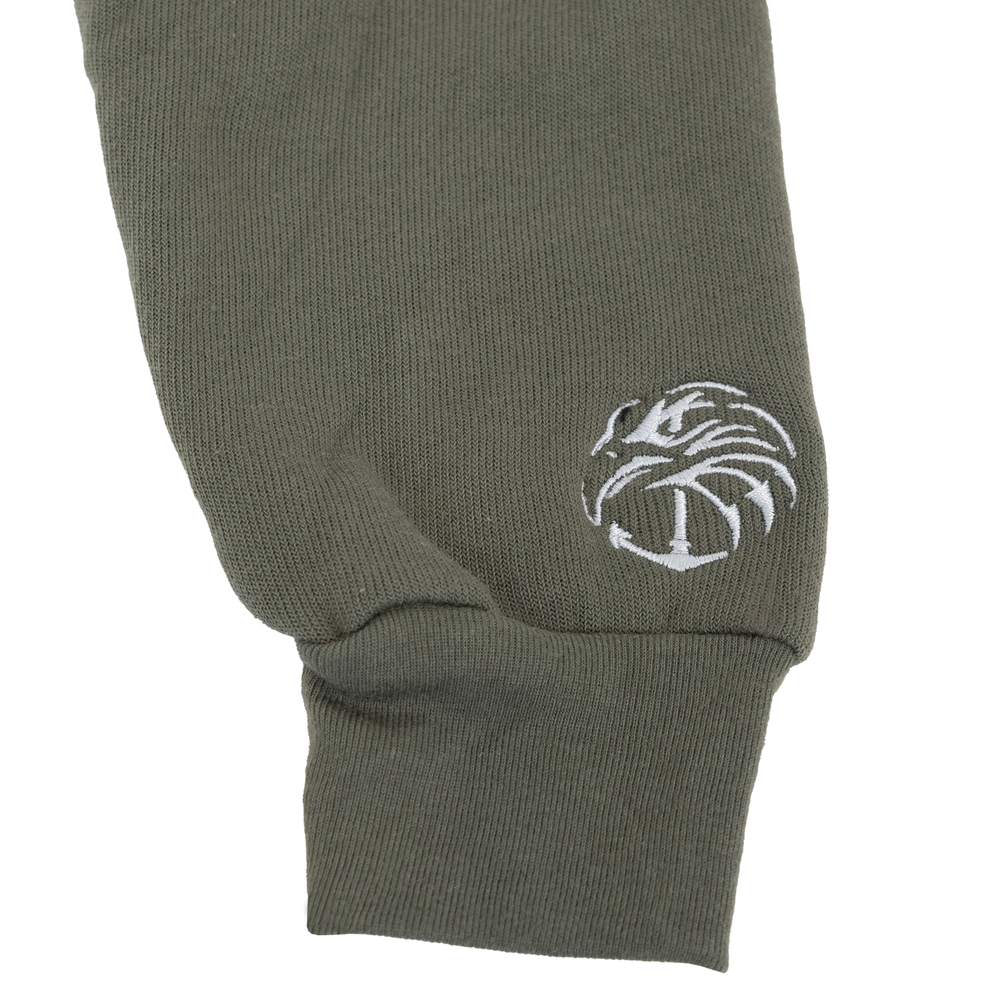 sleeve of olive hoodie with icon Navy SEAL Foundation logo on sleeve