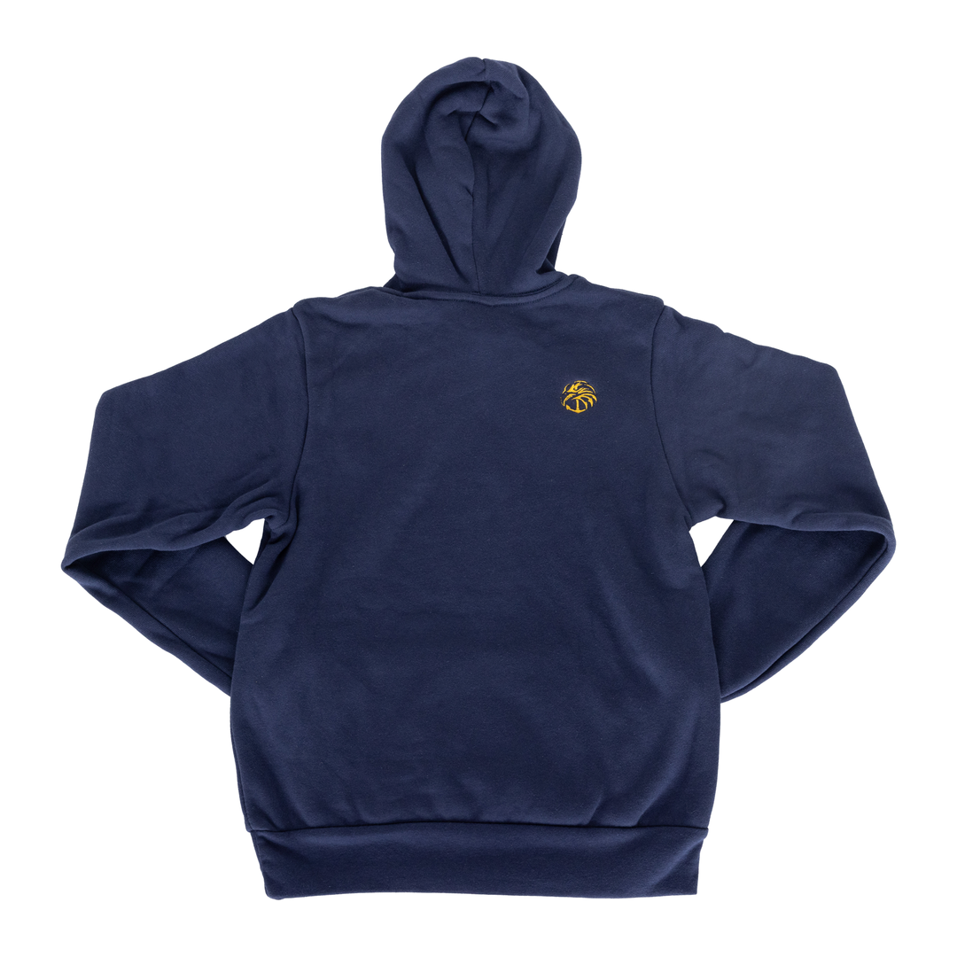 Rear view of navy hoodie with Yellow Navy SEAL Foundation logo on right upper back
