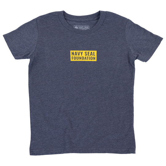 Heather Navy Youth tee with Yellow NAVY SEAL FOUNDATION box logo on front