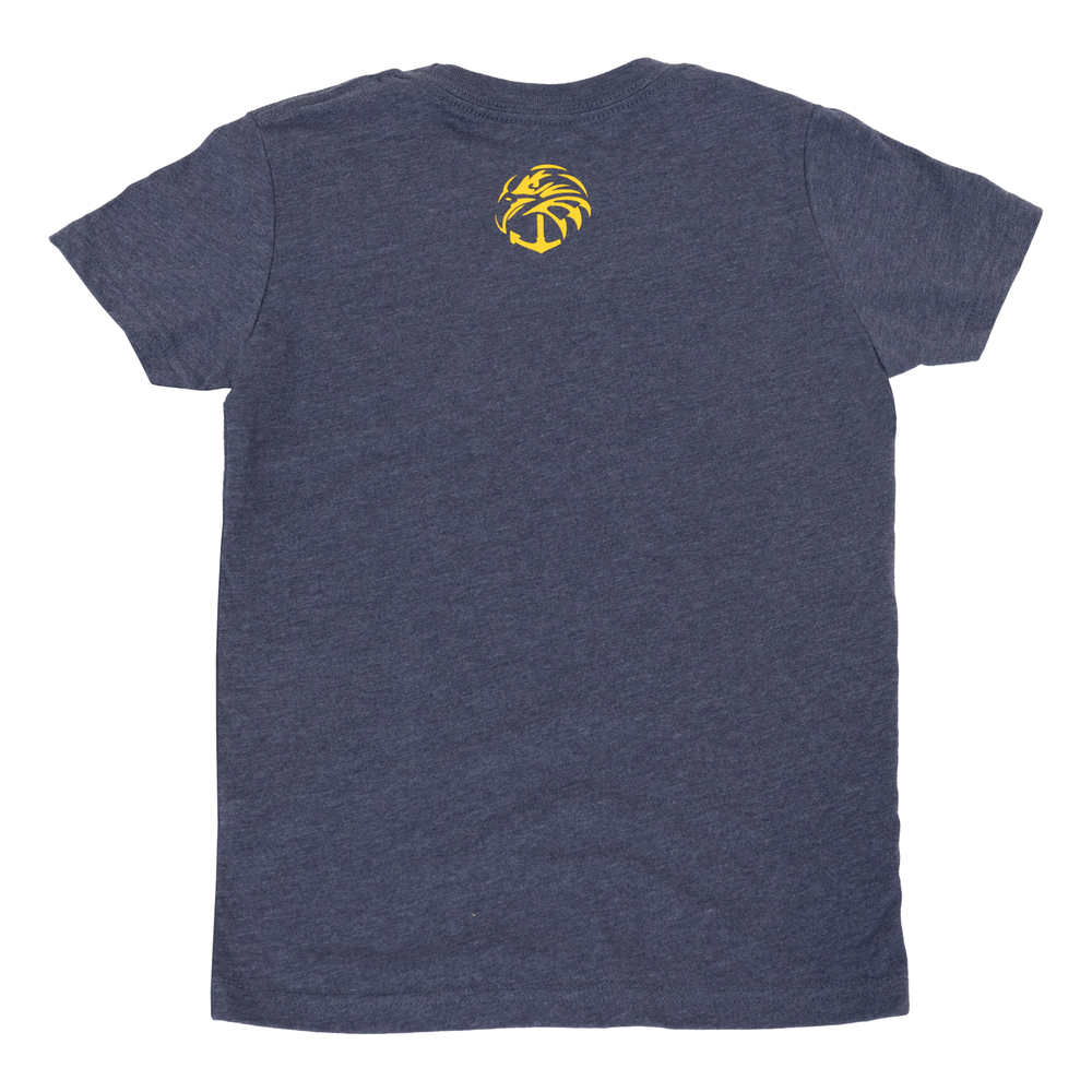 rear view of youth Heather Navy tee with yellow icon Navy SEAL Foundation logo on upper back