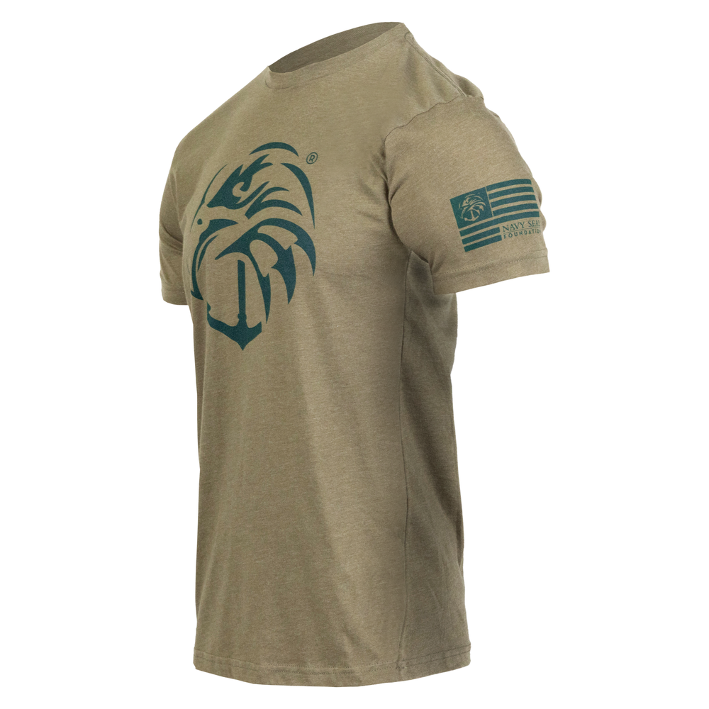 angled view of Military Green shirt with Navy SEAL Foundation logo on chest and American flag on left sleeve with Navy SEAL Foundation logo